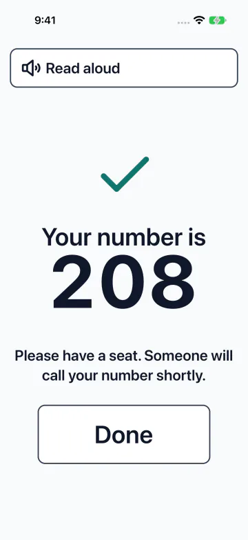 Ovatello’s iOS check-in confirmation with a visit number, using demo data