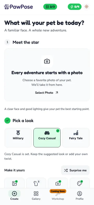 PawPose’s web app: choose a pet photo and pick a look