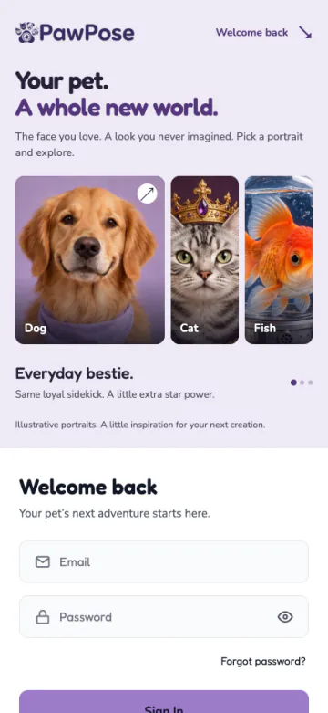 PawPose’s web login page, captured from the top